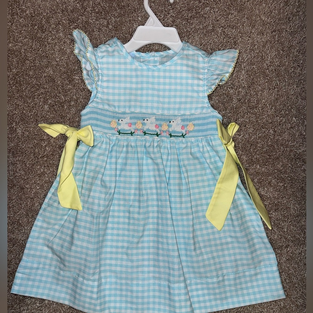 Stitchy Fish Blue Gingham Smocked Baby Dress with Yellow Bows